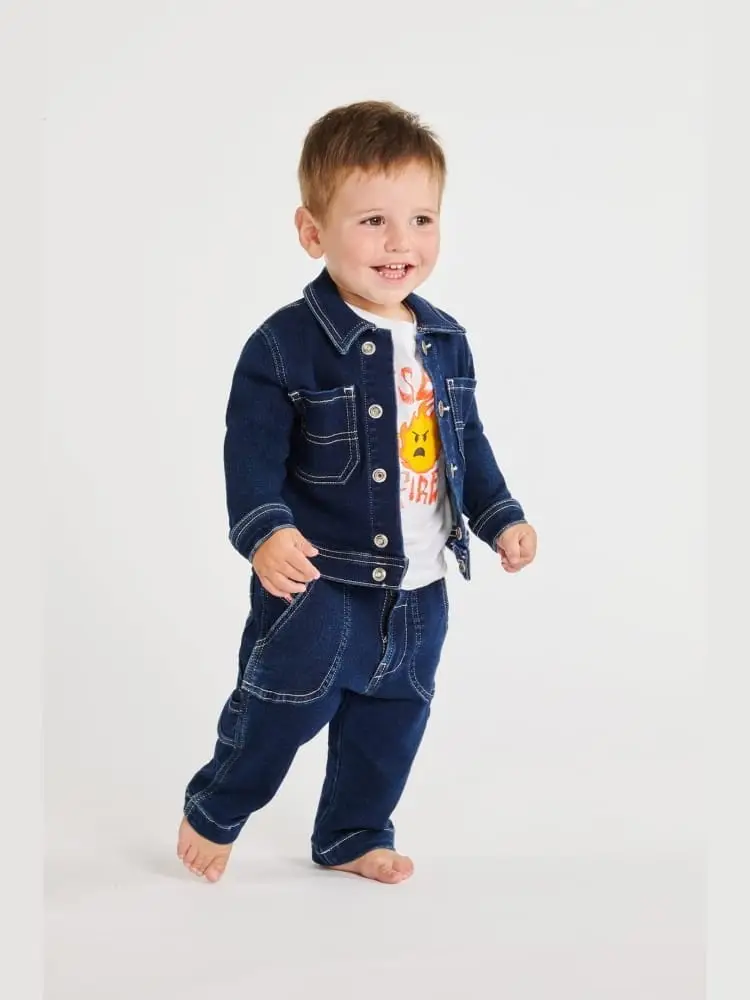 giubbotto infant a jeans in denim blu scuro con logo ricamato miniatura 4