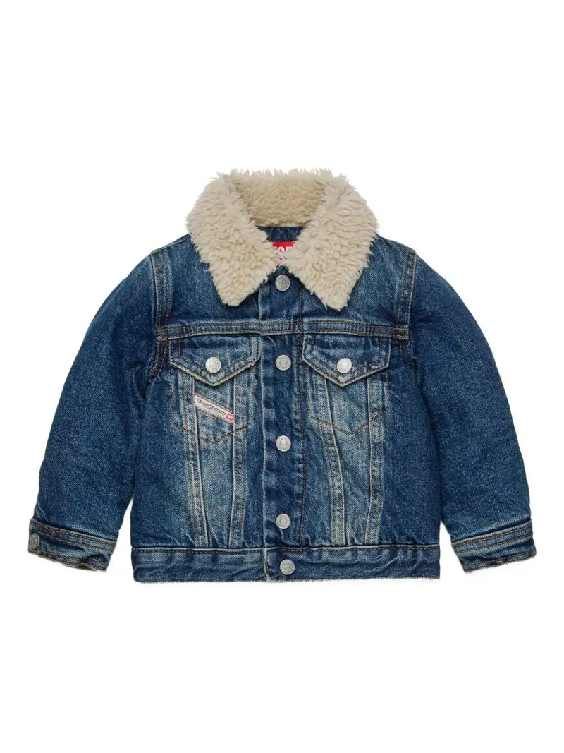 Giacca leggera in denim blu con colletto in shearling