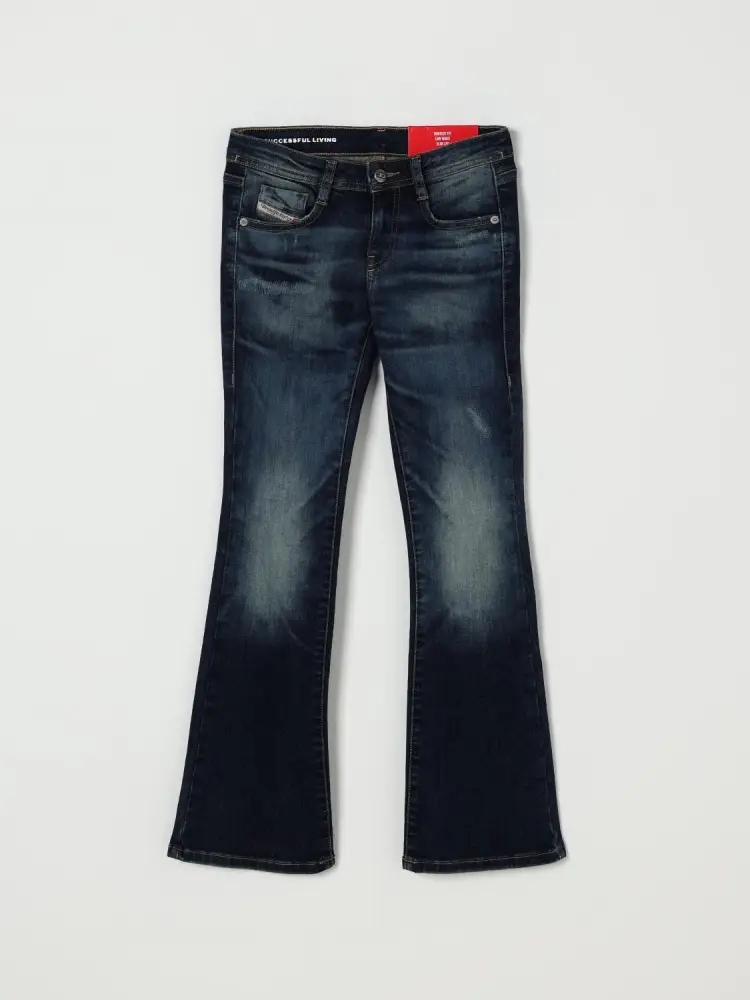 pantalone in denim scuro bambina a zampa logo sul retro