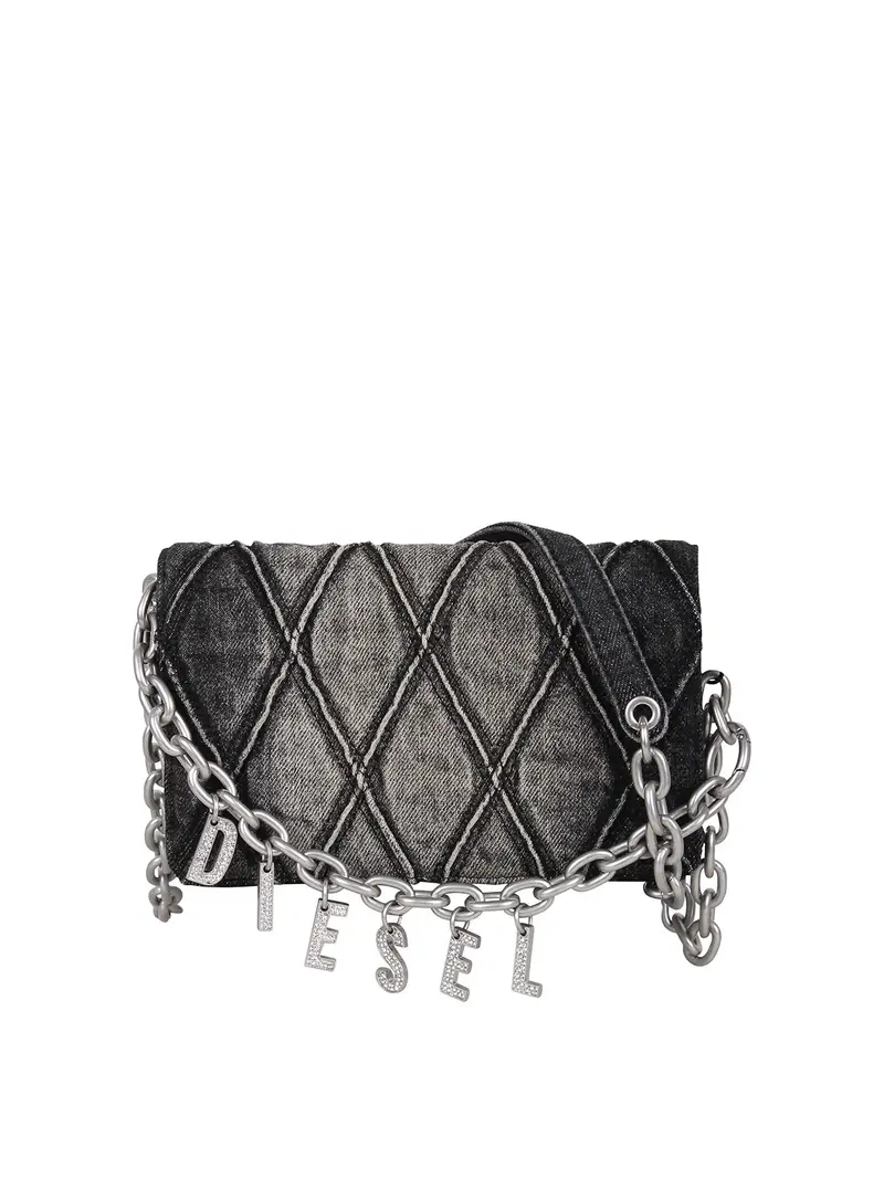 Portafoglio Con Tracolla In Denim A Rombi Nero