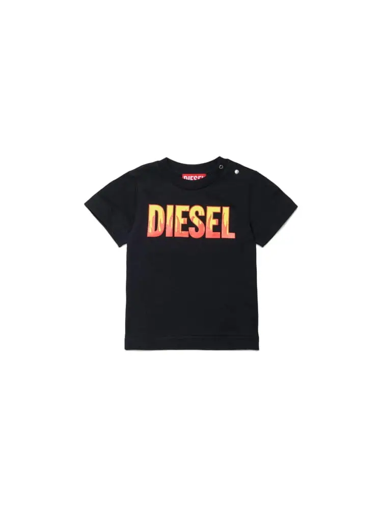 t-shirt infant in cotone nero con stampa logo fiamme