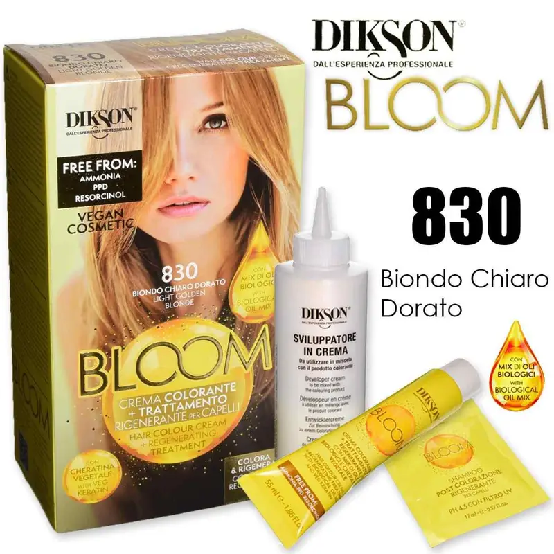 bloom crema colorante con cheratina 830 biondo chiaro dorato