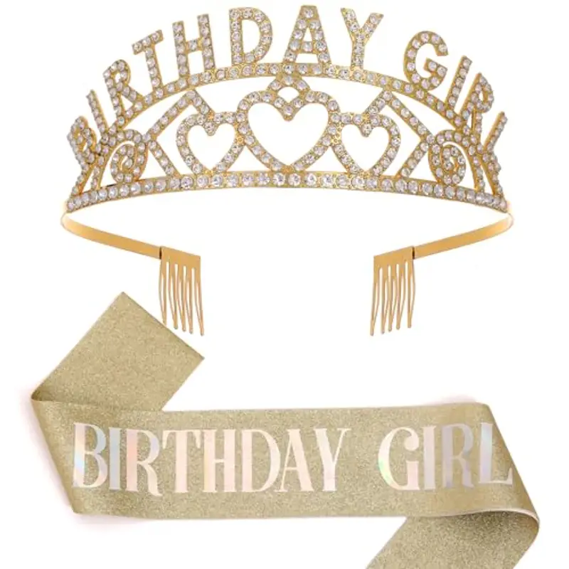 Dimetey Diadema e Fascia Con Strass, Decorazioni per Compleanno di Ragazze e Donne, Corona e Fascia per Feste (Oro)