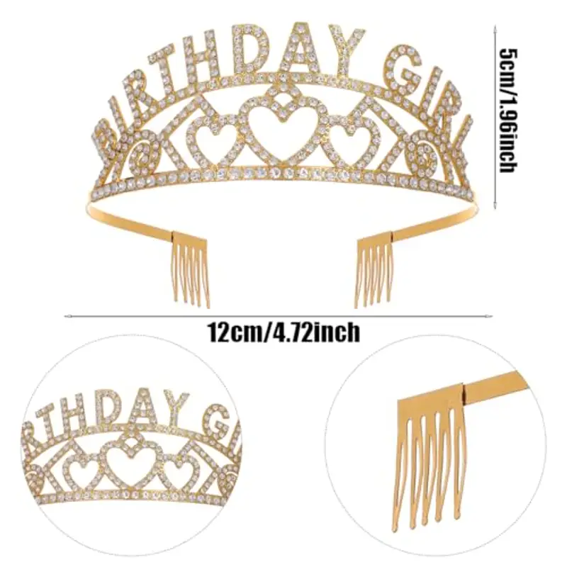 Dimetey Diadema e Fascia Con Strass, Decorazioni per Compleanno di Ragazze e Donne, Corona e Fascia per Feste (Oro) miniatura 3