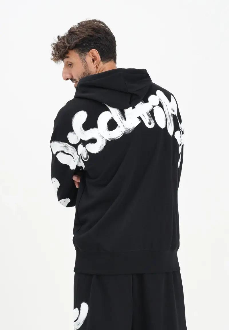 Felpa con cappuccio nera da uomo con maxi stampa logo miniatura 2