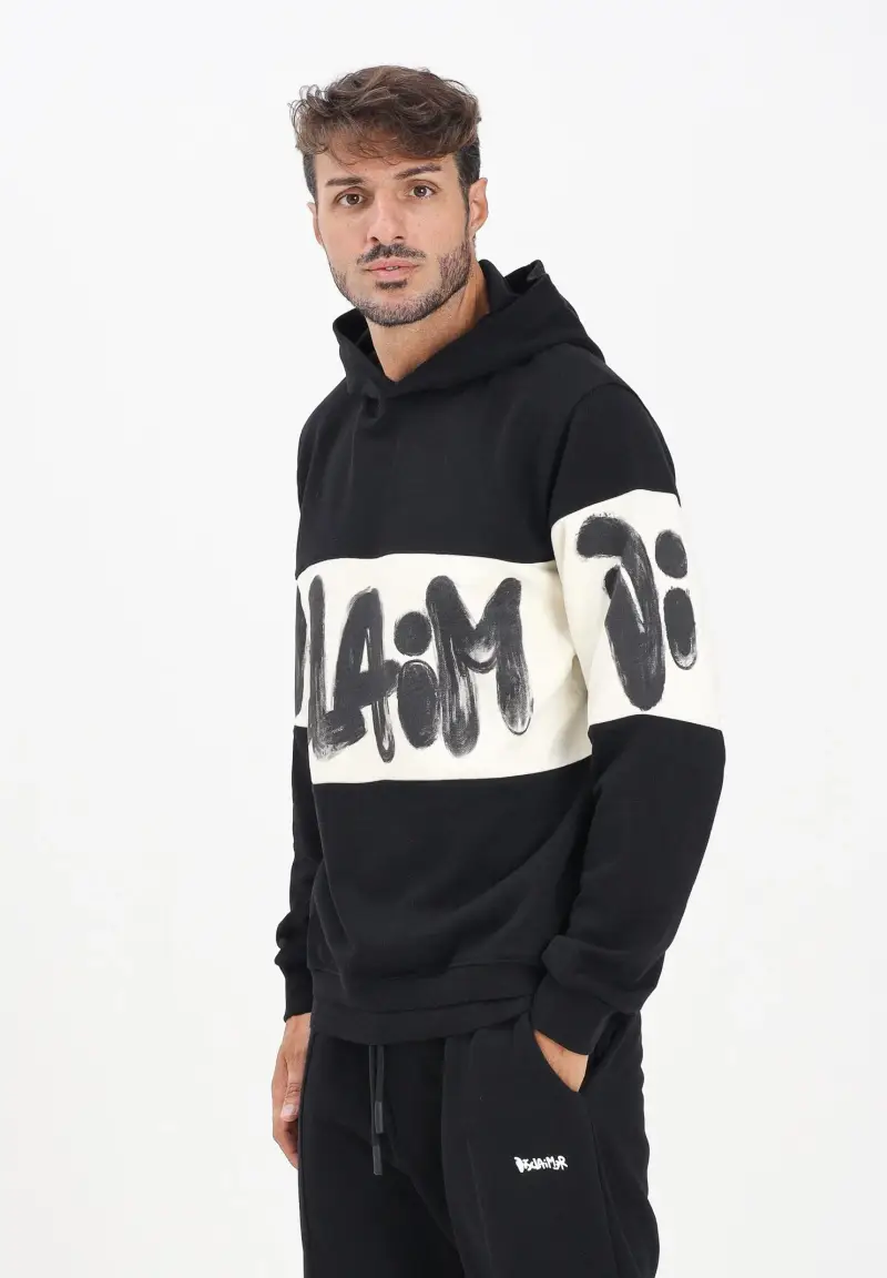 Felpa con cappuccio nera da uomo rifinita da inserto panna con logo miniatura 2