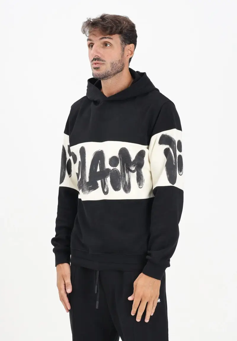 Felpa con cappuccio nera da uomo rifinita da inserto panna con logo