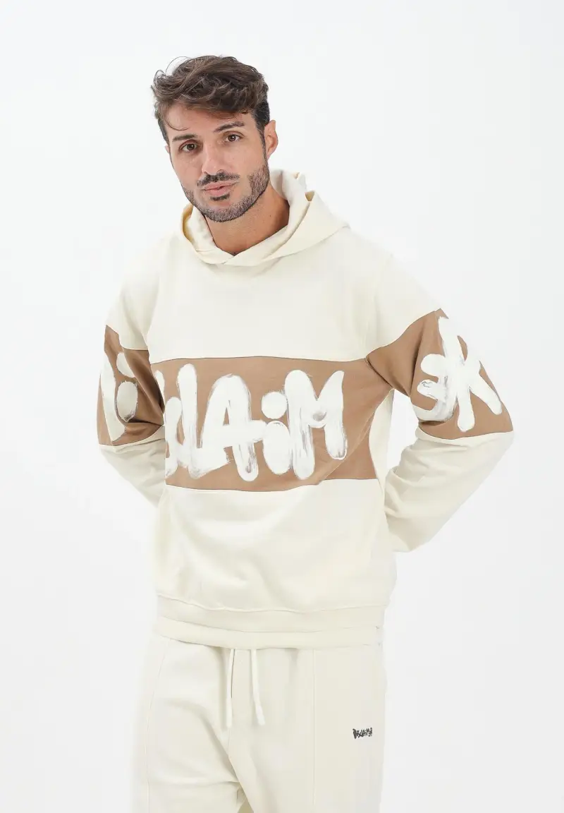 Felpa con cappuccio panna da uomo rifinita da inserto cammello con logo miniatura 2