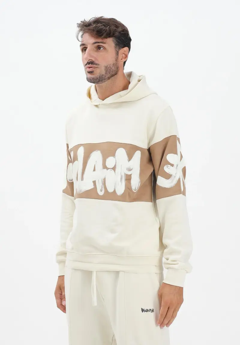 Felpa con cappuccio panna da uomo rifinita da inserto cammello con logo