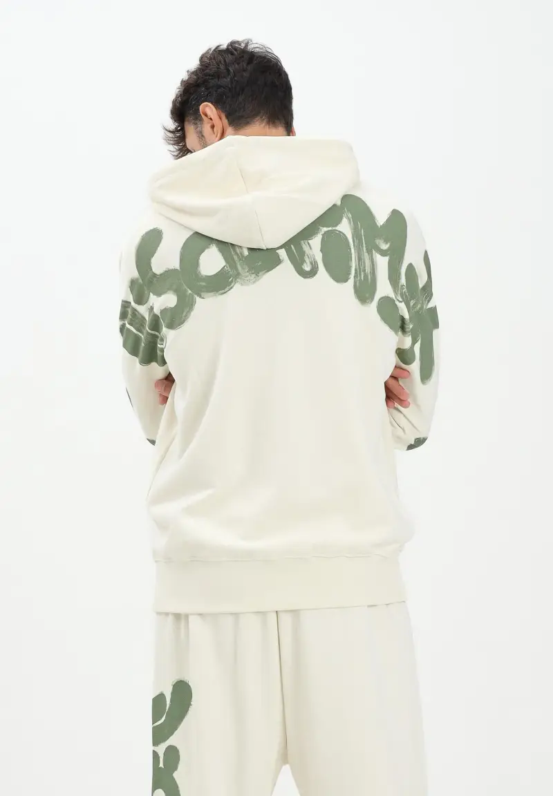 Felpa con cappuccio panna da uomo rifinita da stampa logo sul retro miniatura 2