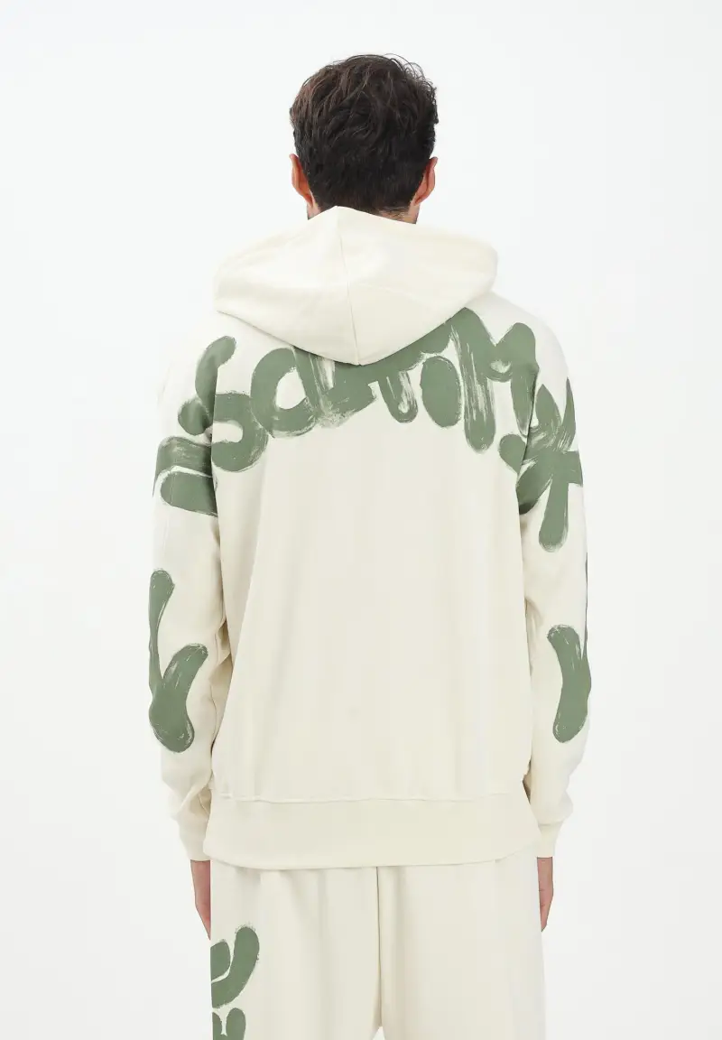 Felpa con cappuccio panna da uomo rifinita da stampa logo sul retro miniatura 3