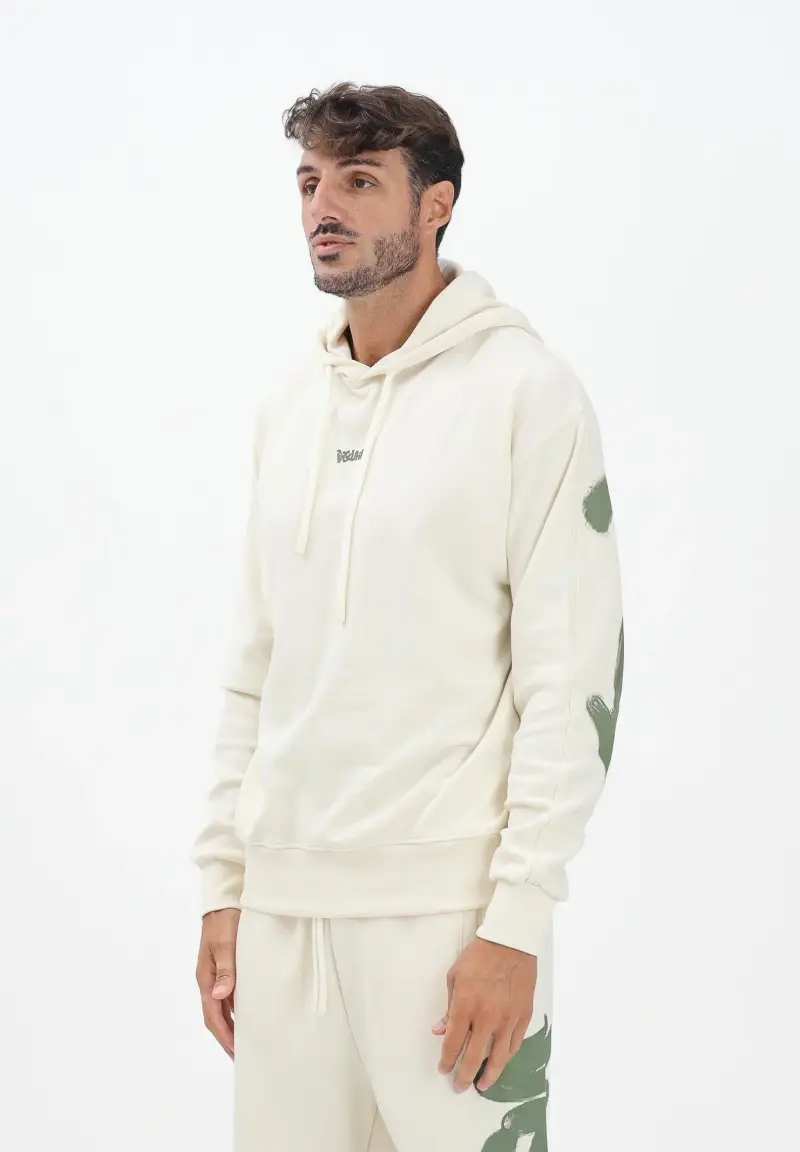 Felpa con cappuccio panna da uomo rifinita da stampa logo sul retro