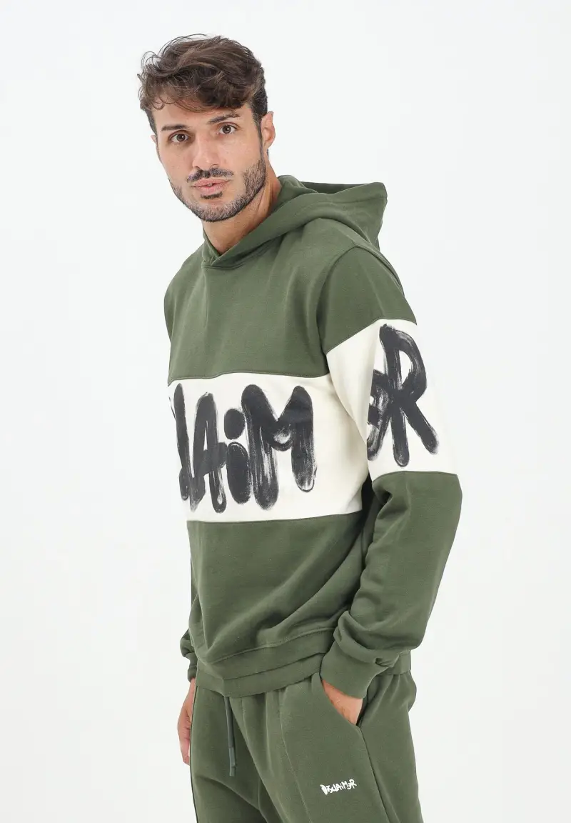 Felpa con cappuccio verde da uomo rifinita da inserto panna con logo miniatura 2