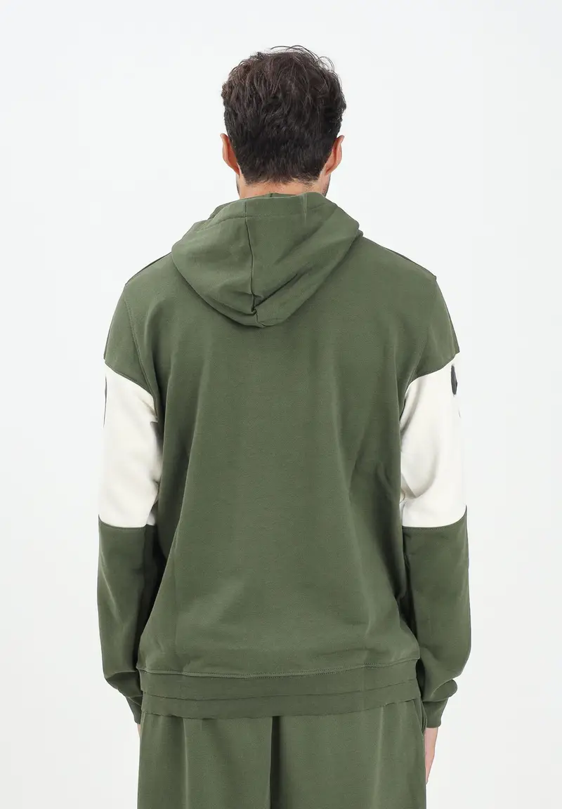 Felpa con cappuccio verde da uomo rifinita da inserto panna con logo miniatura 3