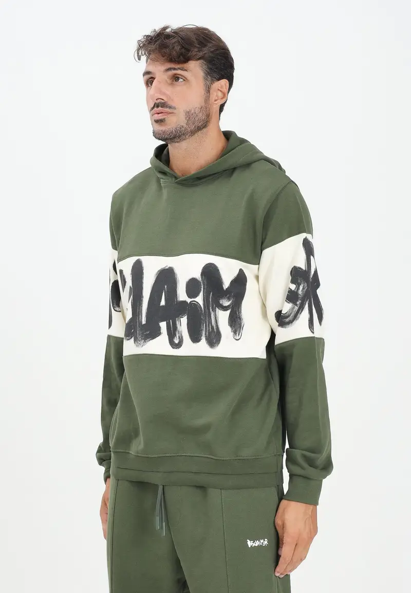 Felpa con cappuccio verde da uomo rifinita da inserto panna con logo