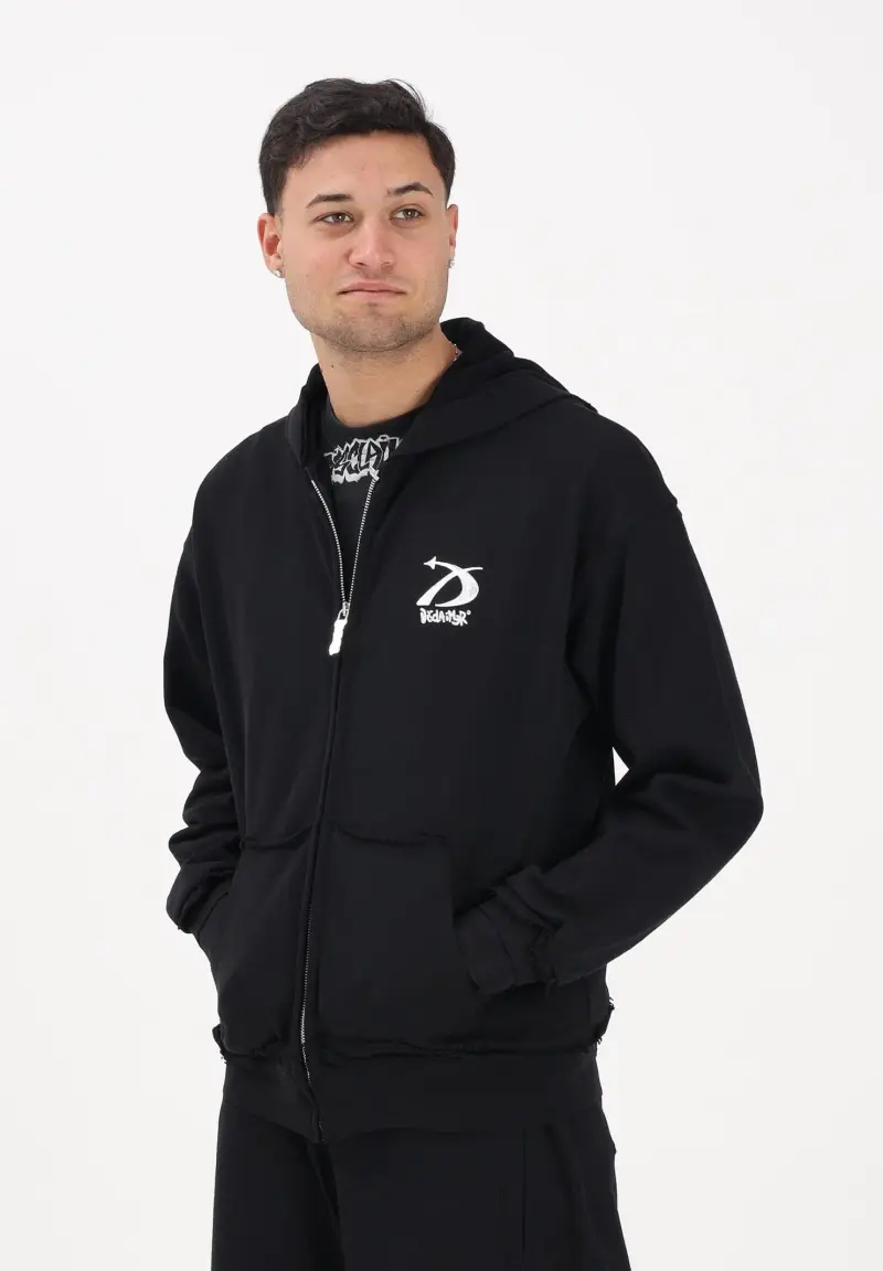 Felpa con zip nera da uomo rifinita da logo miniatura 2