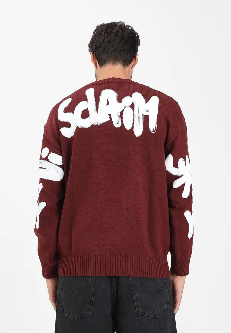 Maglioncino girocollo bordeaux da uomo con stampa logo miniatura 3