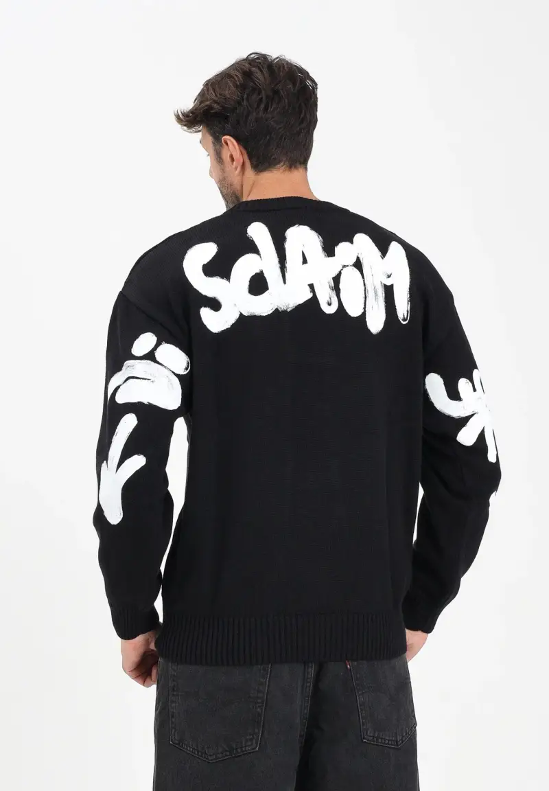 Maglioncino girocollo nero da uomo con stampa logo miniatura 2