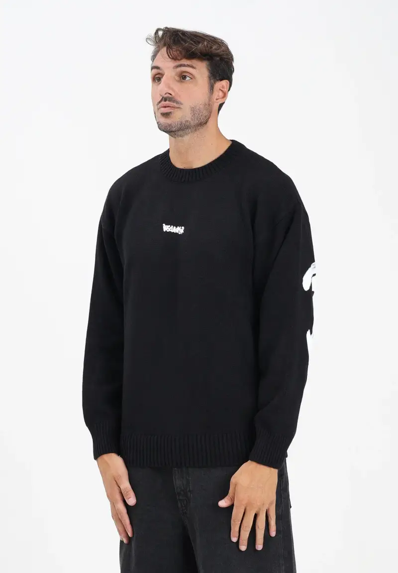 Maglioncino girocollo nero da uomo con stampa logo