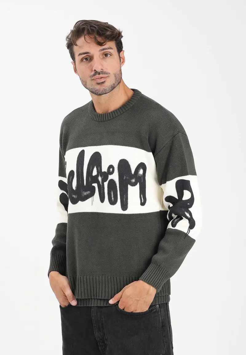 Maglioncino girocollo verde mimetico da uomo con logo miniatura 2