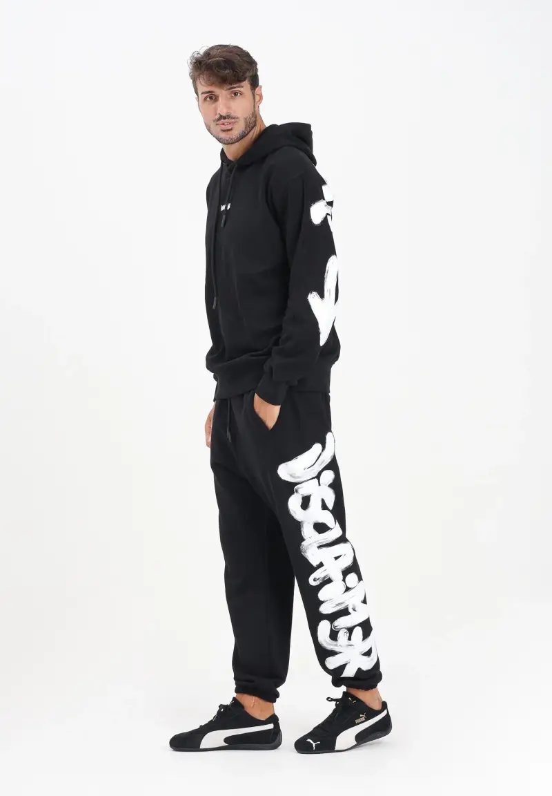 Pantalone sportivo nero da uomo con maxi stampa logo miniatura 2