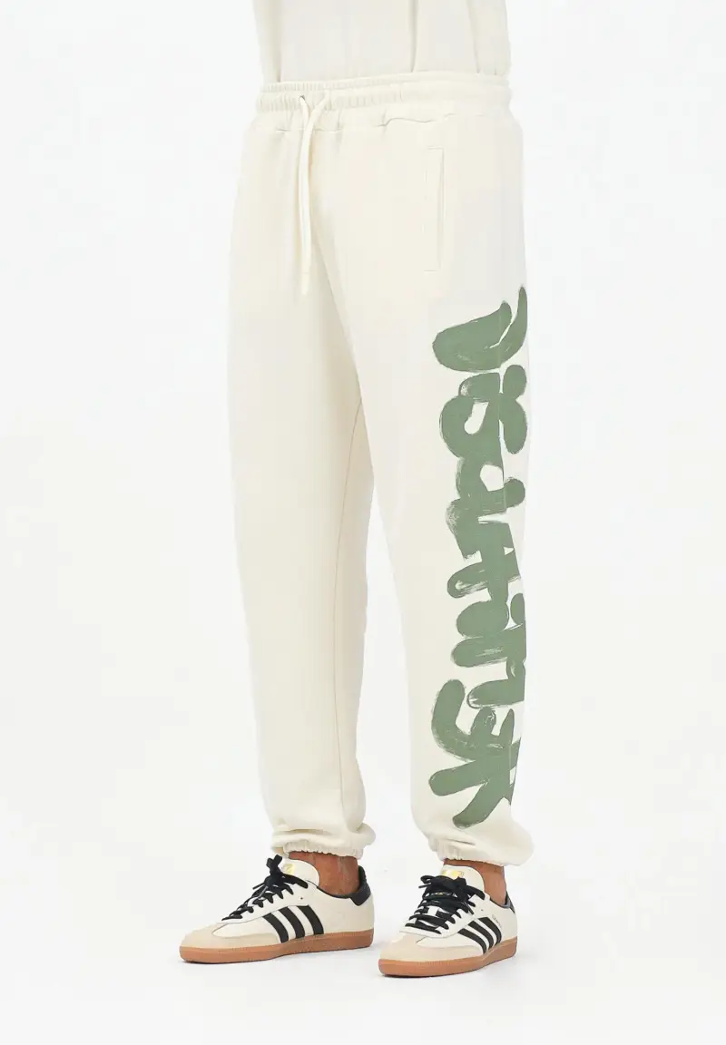 Pantalone sportivo panna da uomo con stampa logo verde