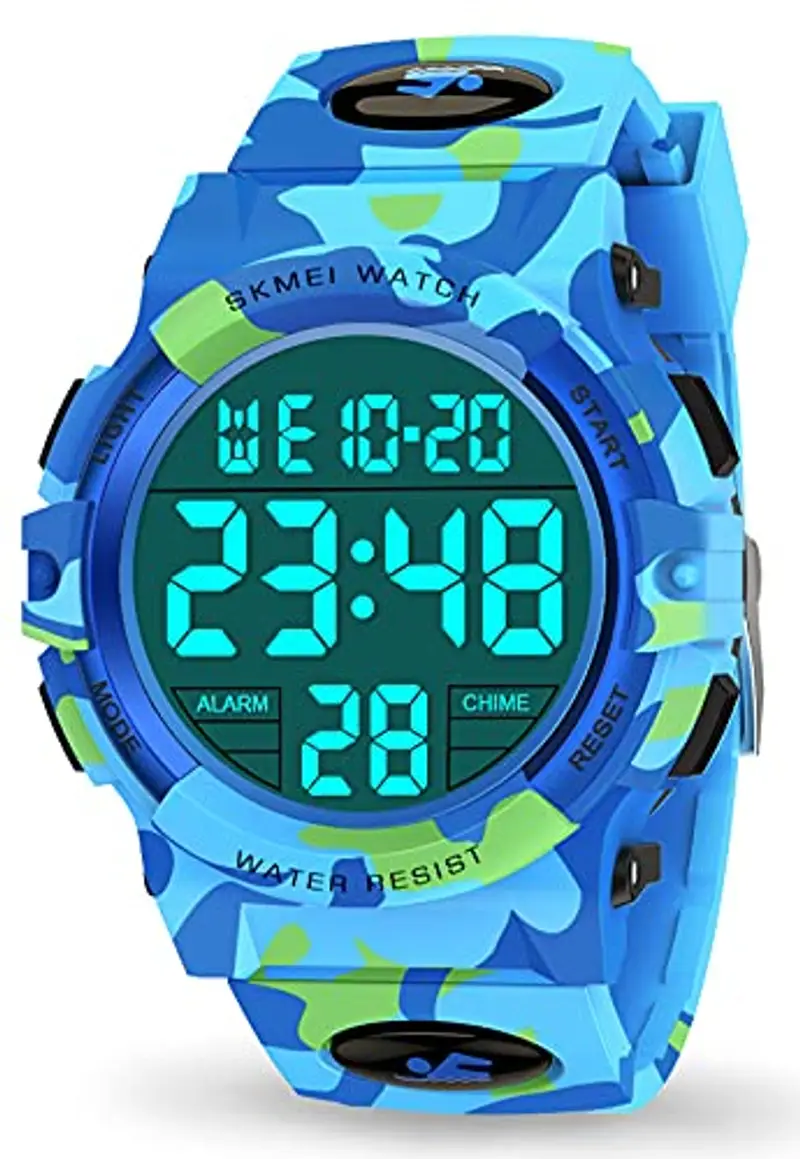 Dislocati - Orologio digitale multifunzionale, con sveglia, per bambini, impermeabile, a LED, regalo e giocattolo per bambini, Azzurro