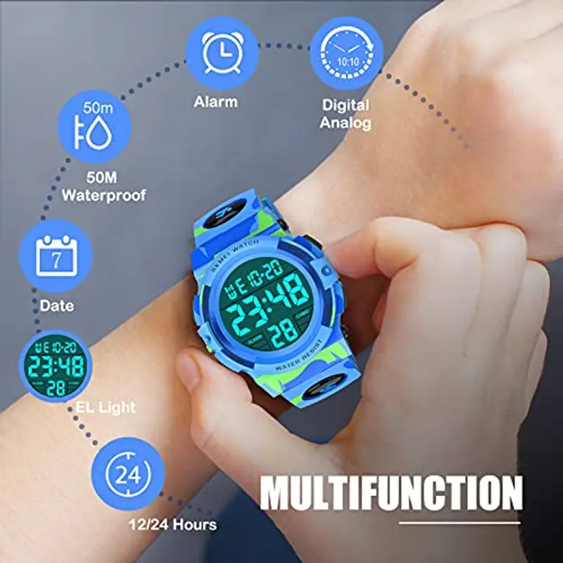 Dislocati - Orologio digitale multifunzionale, con sveglia, per bambini, impermeabile, a LED, regalo e giocattolo per bambini, Azzurro miniatura 3