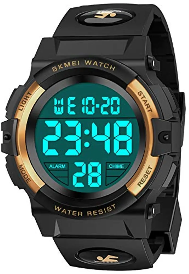 Dislocati - Orologio digitale multifunzionale, con sveglia, per bambini, impermeabile, a LED, regalo e giocattolo per bambini, gold
