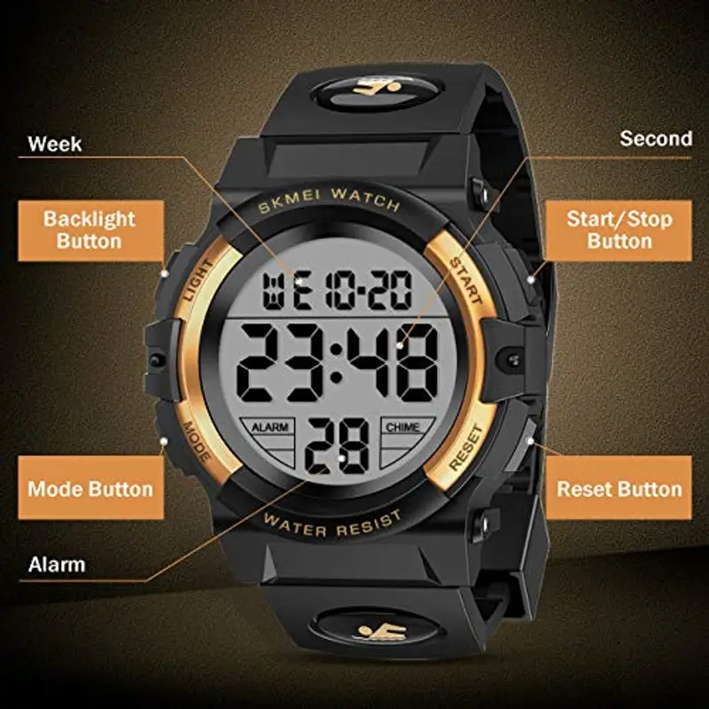 Dislocati - Orologio digitale multifunzionale, con sveglia, per bambini, impermeabile, a LED, regalo e giocattolo per bambini, gold miniatura 2