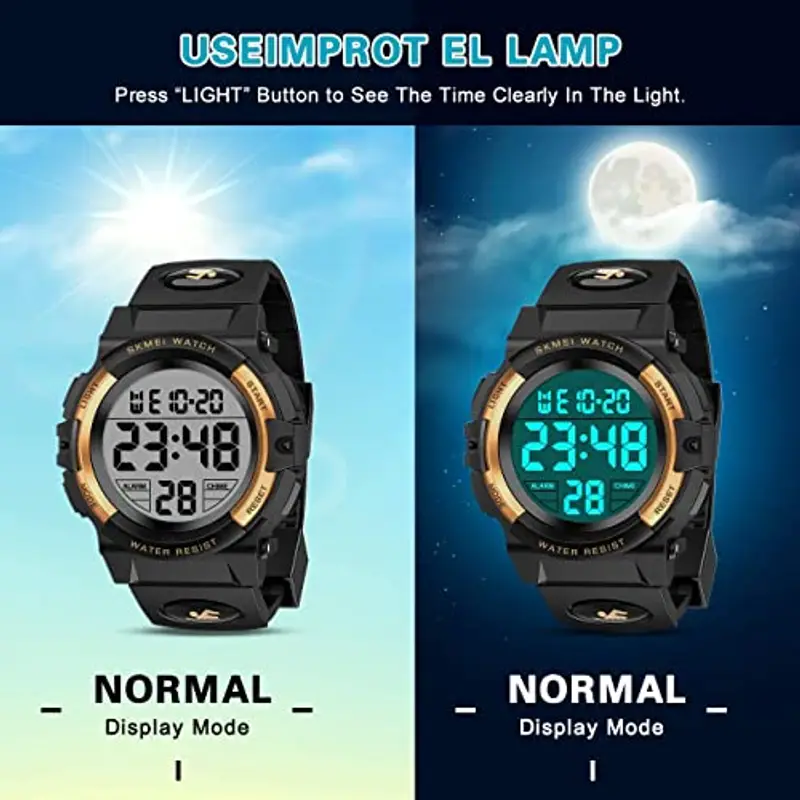 Dislocati - Orologio digitale multifunzionale, con sveglia, per bambini, impermeabile, a LED, regalo e giocattolo per bambini, gold miniatura 3