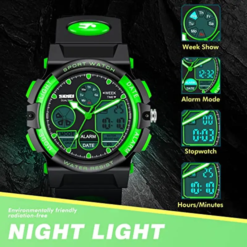 Dislocati - Orologio digitale multifunzionale, con sveglia, per bambini, impermeabile, a LED, regalo e giocattolo per bambini, verde miniatura 2