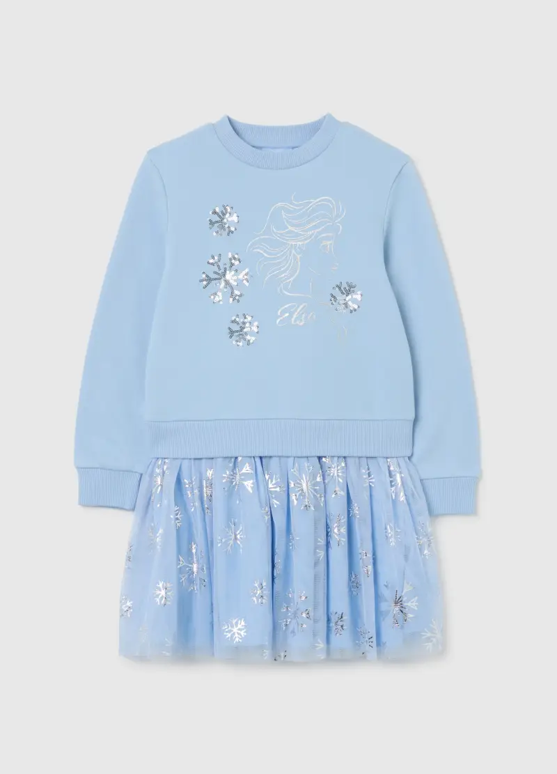 Abito Azzurro Da Bambina In Misto Cotone Regular Fit Con Tulle Disney, Azzurro