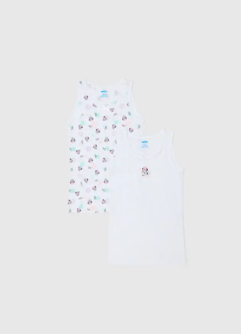 Bipack Canottiere In Puro Cotone Bianco Da Bambina Con Stampe Minnie, Bianco