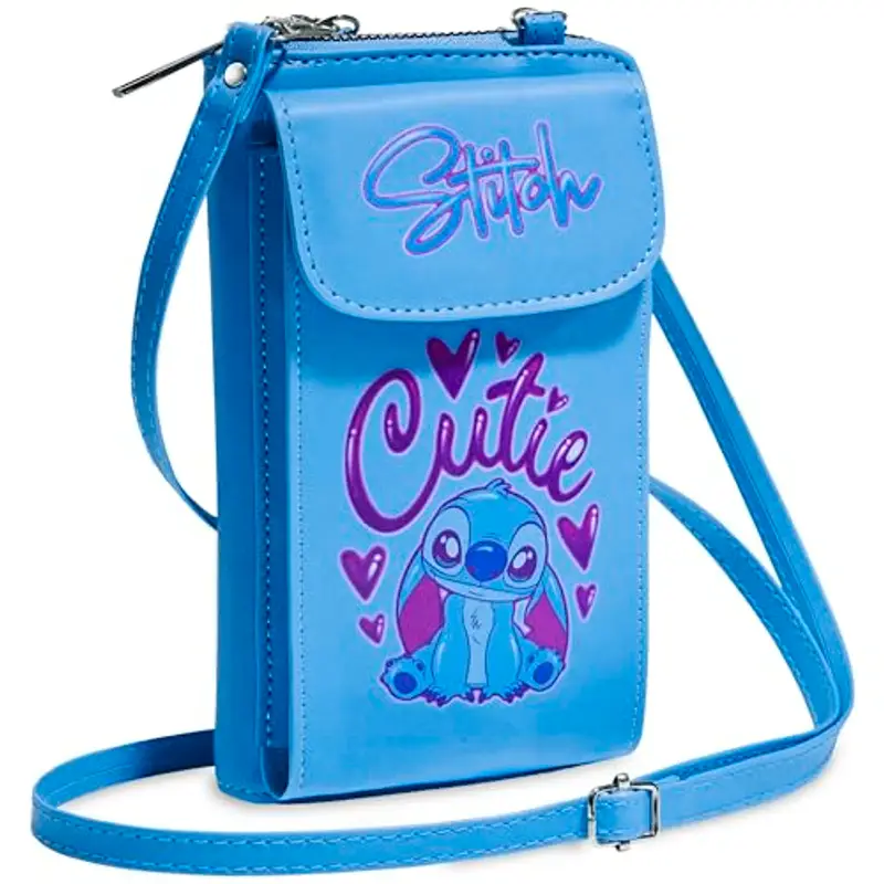 Disney Borsa Tracolla Stitch - Borsetta Porta Cellulare Portafoglio Tracolla Regolabile Chiusura Zip (Blu)