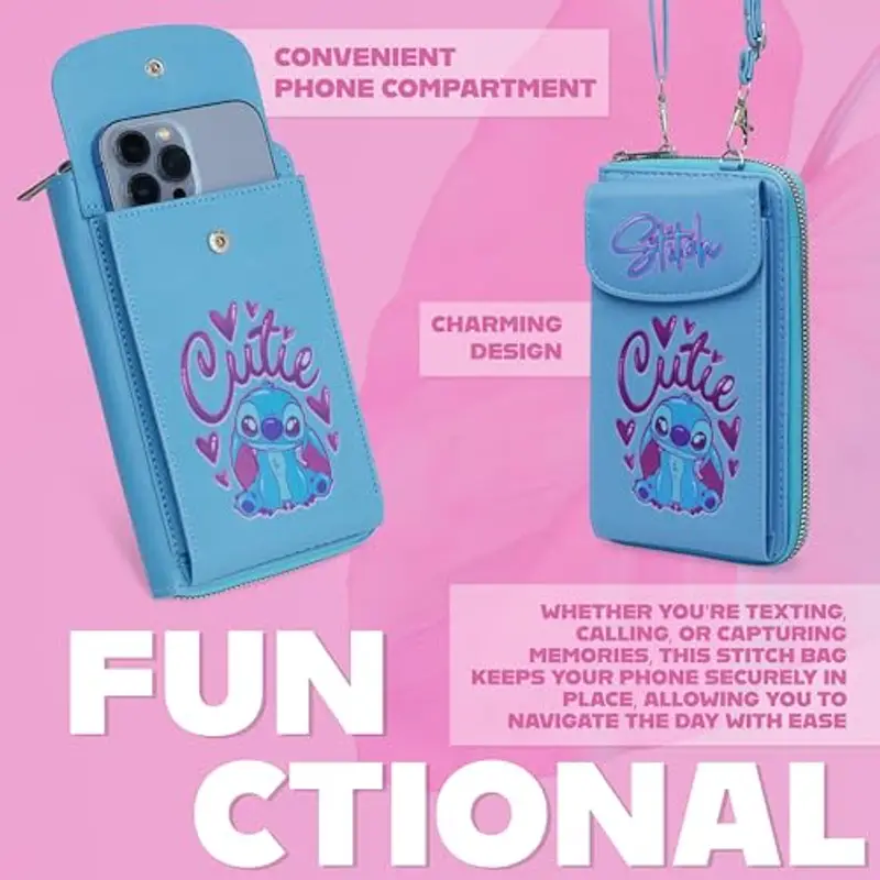 Disney Borsa Tracolla Stitch - Borsetta Porta Cellulare Portafoglio Tracolla Regolabile Chiusura Zip (Blu) miniatura 3