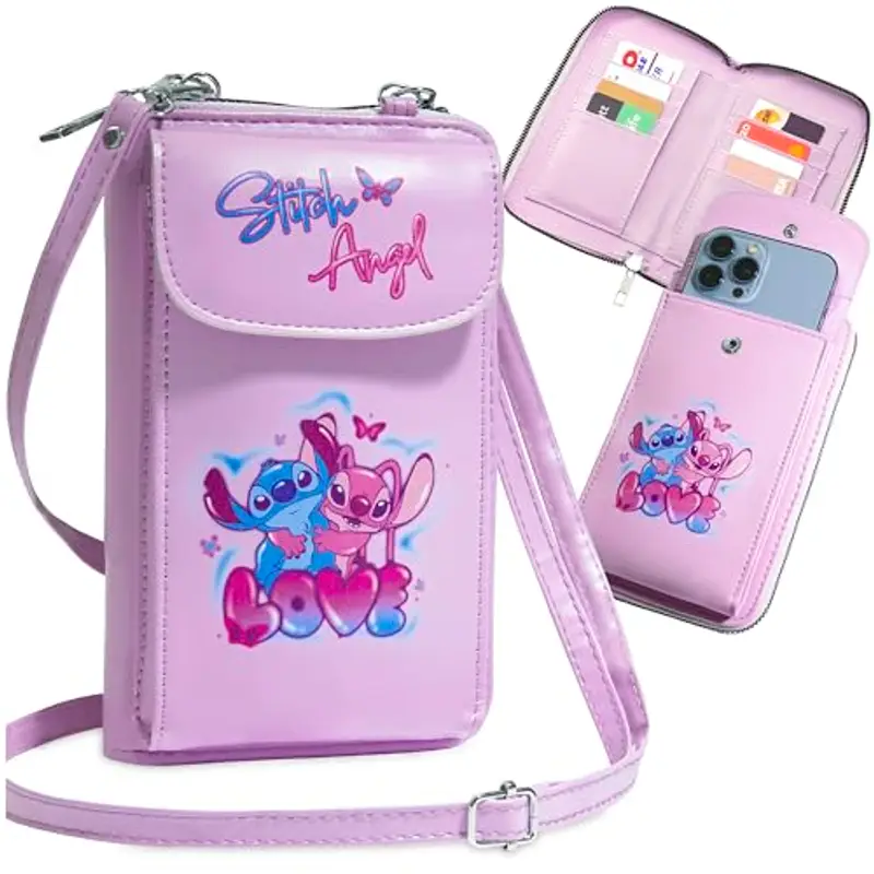 Disney Borsa Tracolla Stitch - Borsetta Porta Cellulare Portafoglio Tracolla Regolabile Chiusura Zip (Rosa)
