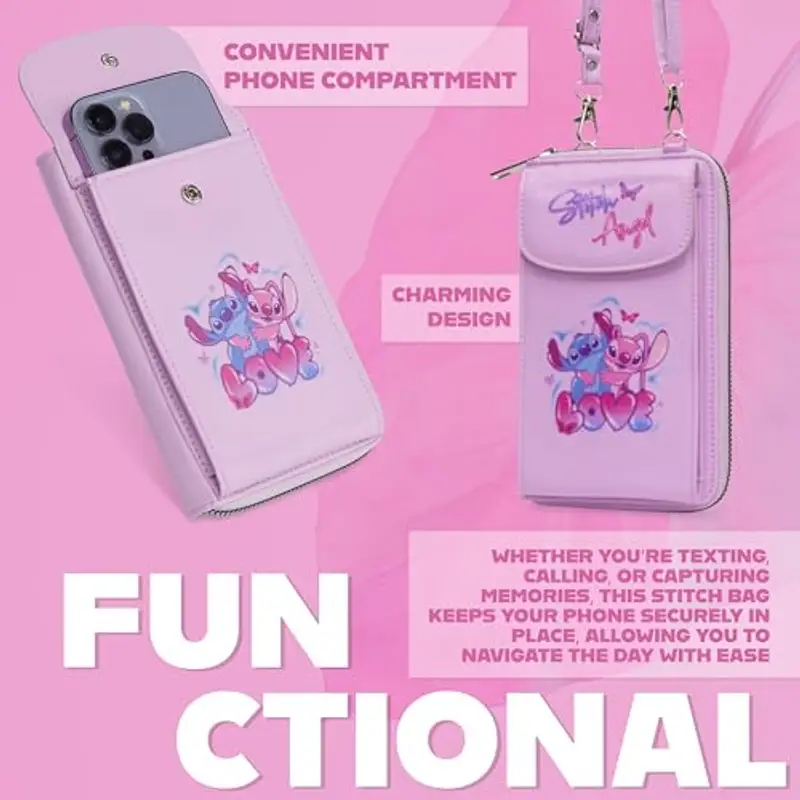Disney Borsa Tracolla Stitch - Borsetta Porta Cellulare Portafoglio Tracolla Regolabile Chiusura Zip (Rosa) miniatura 3