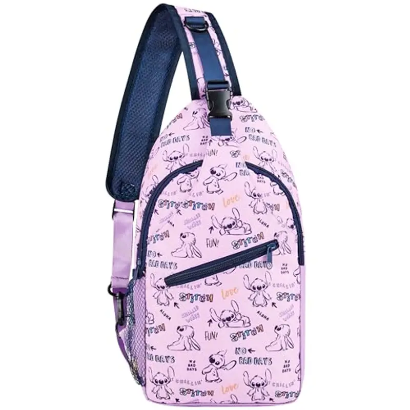 Disney Borsa Tracolla Stitch - Zaino Monospalla Sling Bag Casual Multitasche Chiusura Zip Borsetta Bambina Ragazza