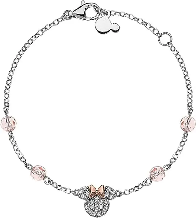 Disney Bracciale Argento 925, con Centrale raffigurante Minnie Mouse con zirconi Bianchi e Fiocco Oro Rosa, Lunghezza 13-18cm
