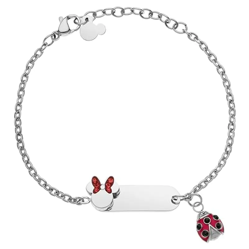 Disney Bracciale Lucky Minnie Collezione Acciaio, Colore Argento, con Coccinella Rossa, Gioielli Bambine e Bambini, 18cm
