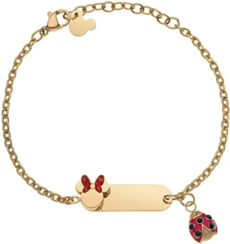 Disney Bracciale Lucky Minnie Collezione Acciaio, Colore Oro, con Coccinella Rossa, Gioielli Bambine e Bambini, 18cm