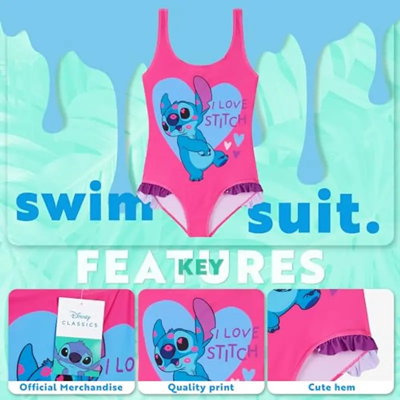 Disney Costume da Bagno Piscina Bambina, Costume Intero, Costume Mare Bambina Set (Rosa Stitch, 9-10 Anni) miniatura 3