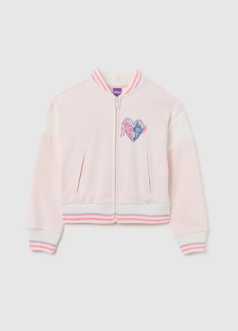 Giacca Bomber Da Bambina In Cotone Rosa Regular Fit Con Stampa Stitch, Rosa