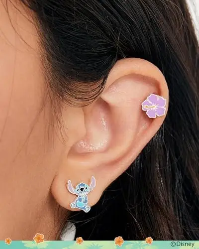 Disney Lilo & Stitch - Orecchini a lobo con fiore e punto non corrispondenti, orecchini Disney Jewelry, Argento sterling miniatura 3