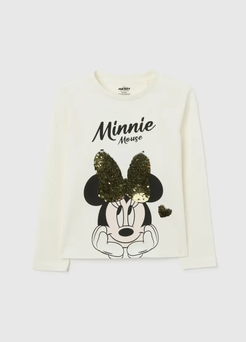 Maglia Da Bambina In Misto Cotone Elasticizzato Bianca Con Minnie, Bianco