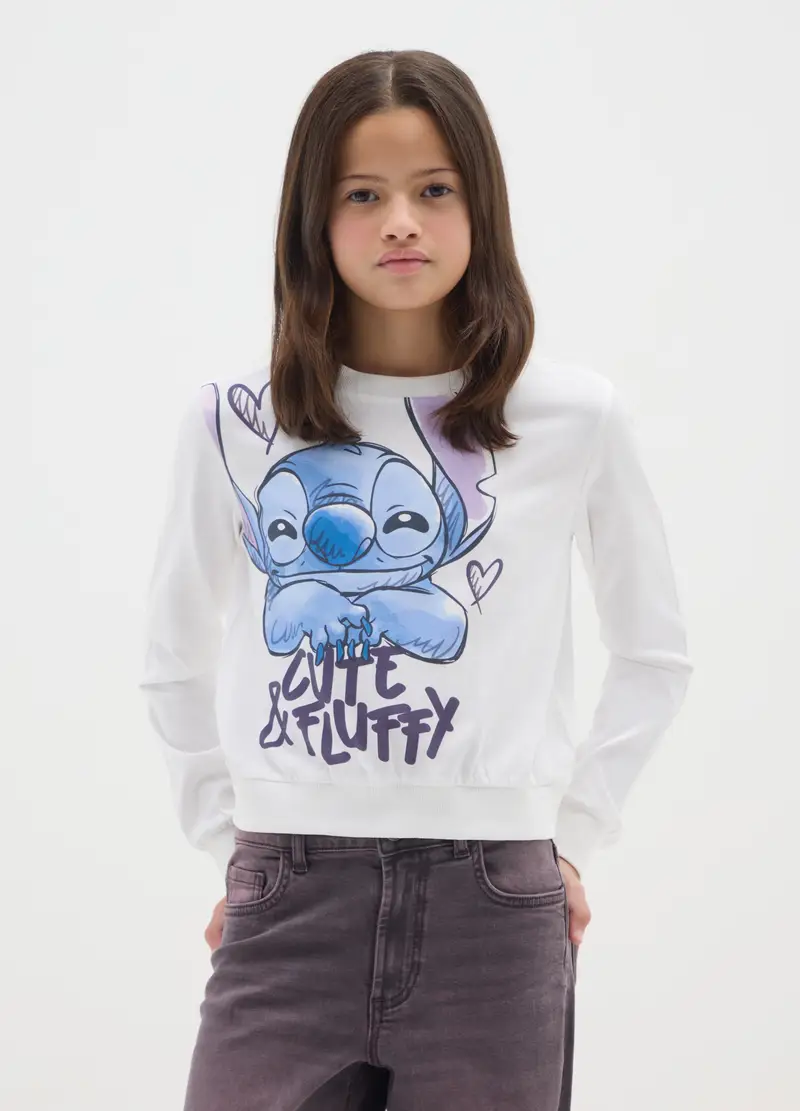 Maglia Da Ragazza In Puro Cotone Bianca Regular Fit Con Stampa Stitch, Bambina, Bianco