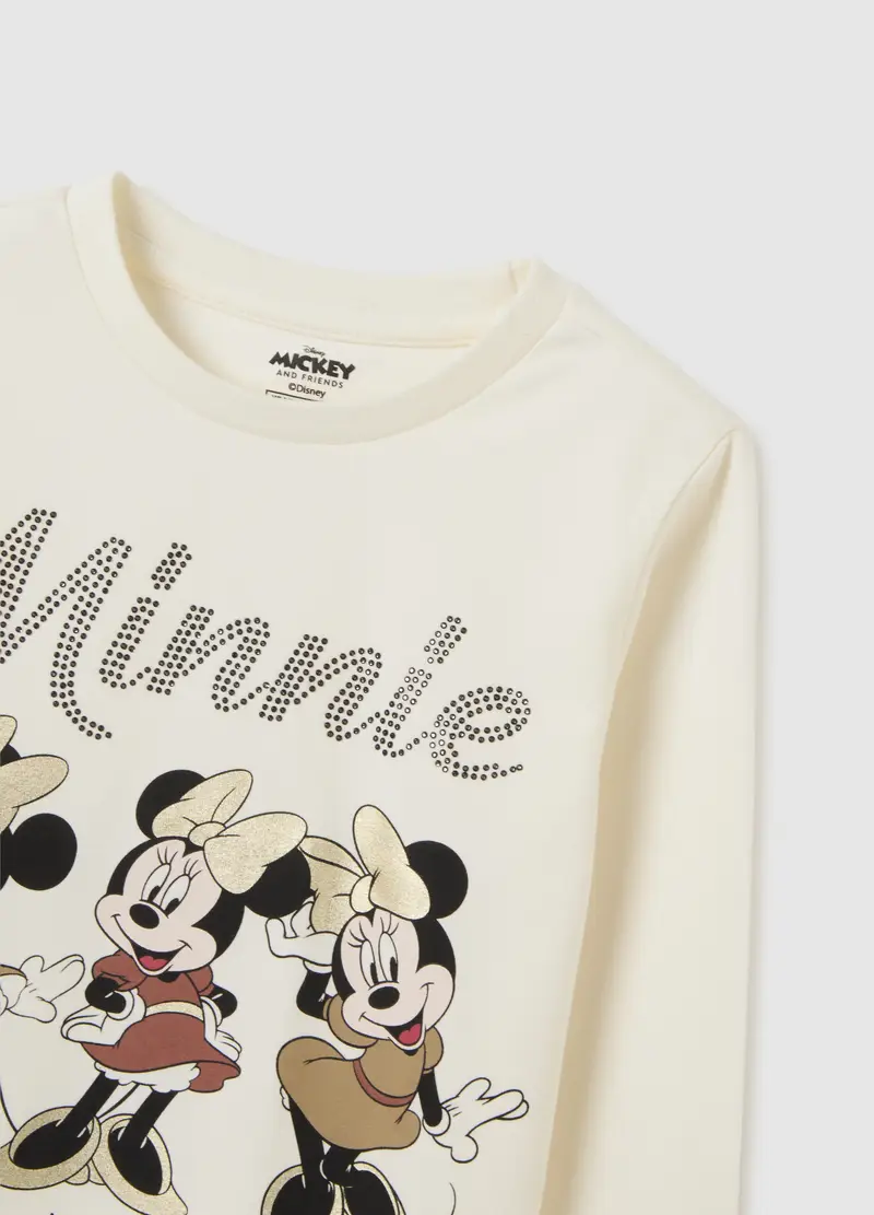 Maglietta Da Bambina In Misto Cotone Beige Regular Fit Con Minnie, Beige miniatura 3