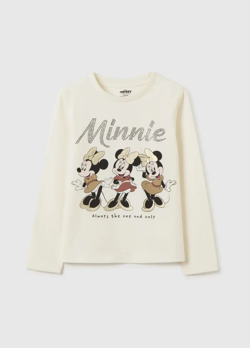 Maglietta Da Bambina In Misto Cotone Beige Regular Fit Con Minnie, Beige