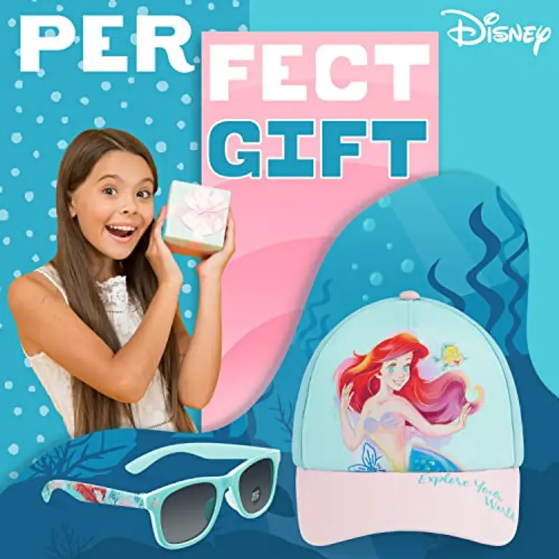 Disney Occhiali da Sole Bambina 100% UV e Regolabile Cappello Con Visiera (Blu Ariel) miniatura 3